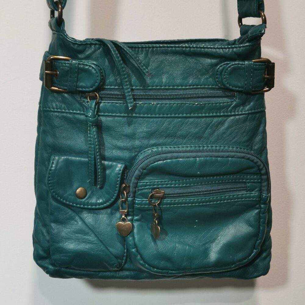 Aqua/Brass Faux Leather Crossbody EUC #245